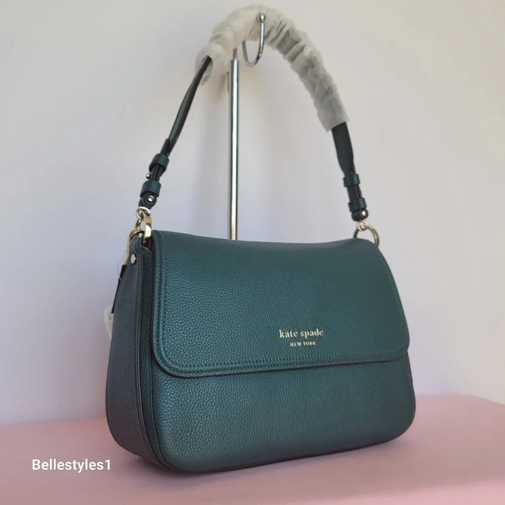 KATE SPADE Hudson Pebbled Leather Medium Flap Convertible Shoulder Bag-Artesian⭐ - Picture 3 of 16